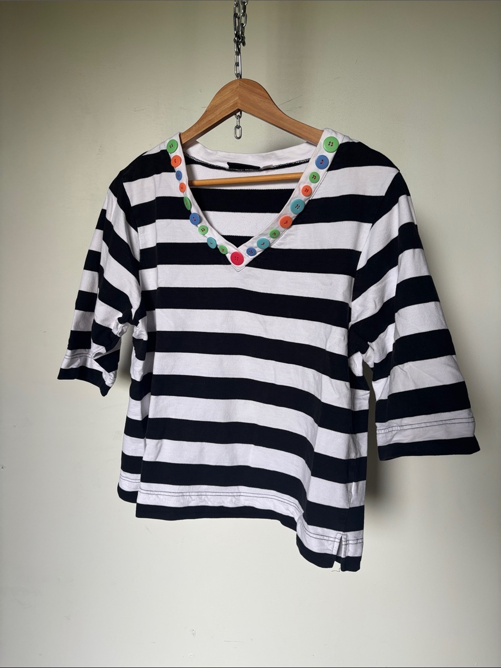 Striped V-Neck Sweatshirt Top with Colorful Buttons